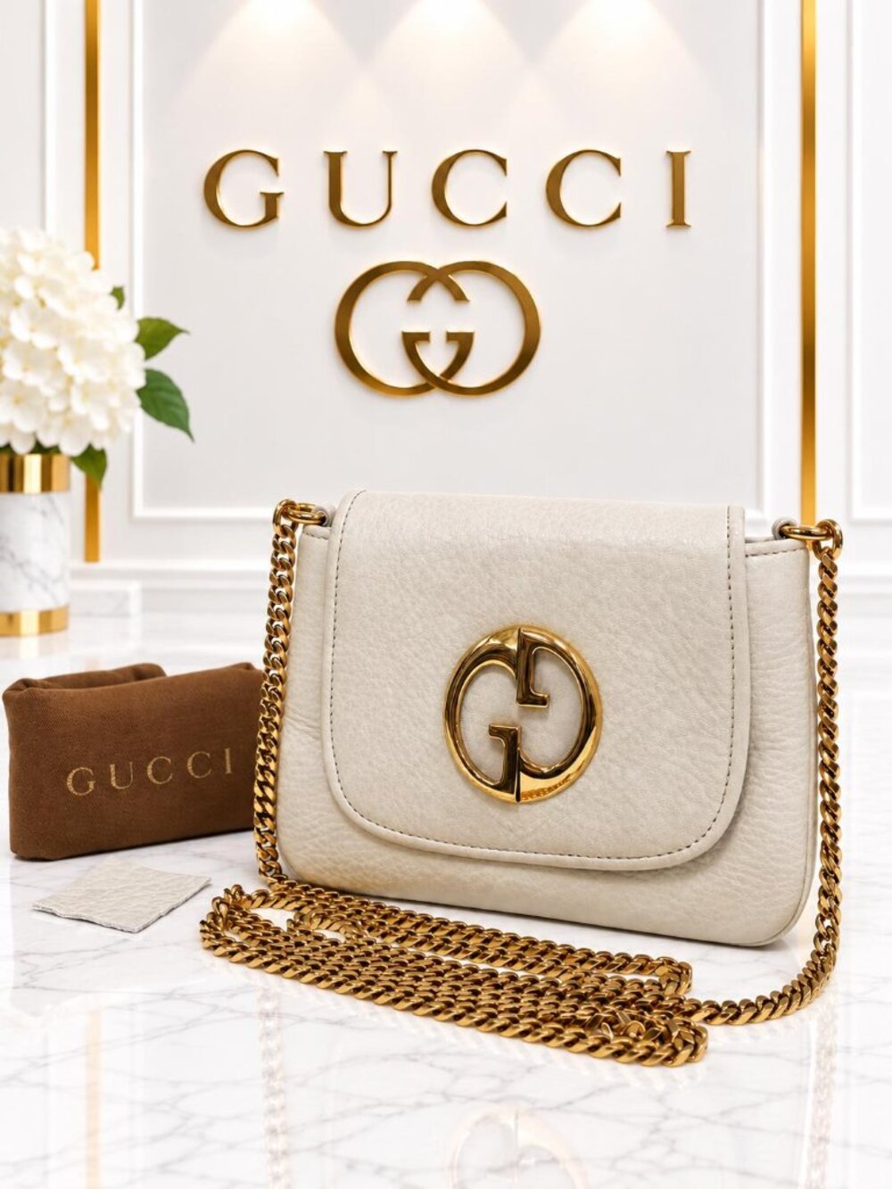 Authentic Gucci 1973 Interlocking G White Leather Chain Crossbody Bag